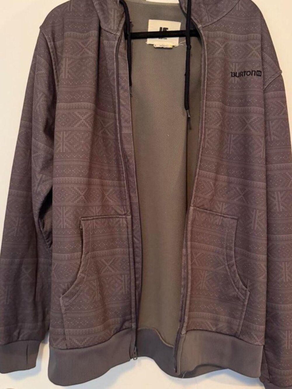 Gray Burton zip up hoodie with repeating geometric pattern, size L